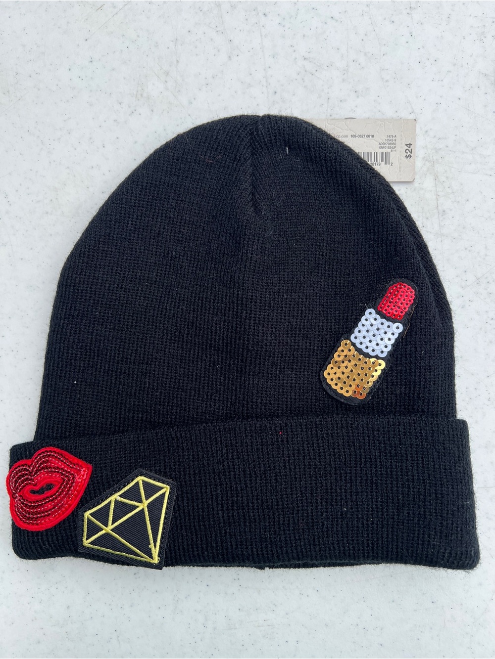 Black Beanie with Sequin Lipstick, Lip and Diamond Patches